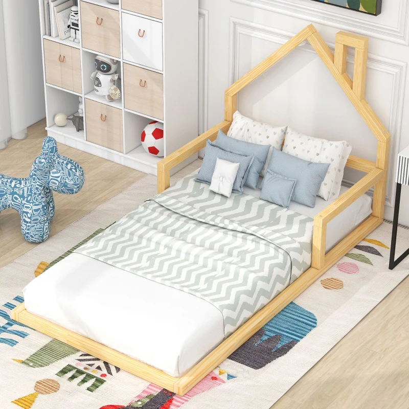 Twin Size Wood Floor Bed with House-Shaped Headboard, Sturdy Wood Construction, No Box Spring Needed, 78" L x 41.5" W x 39" H, Natural