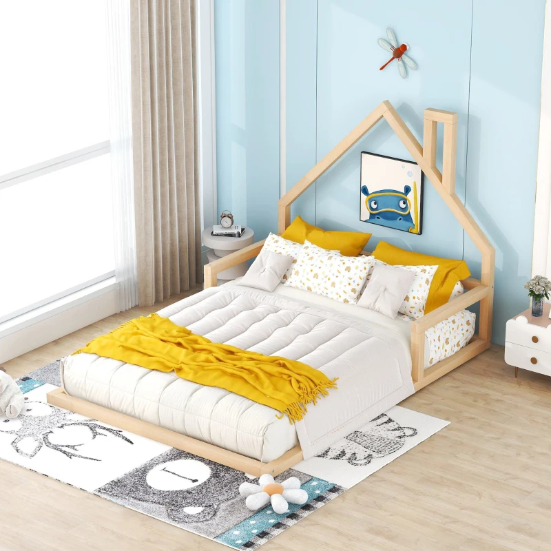 Full Size Wood Floor Bed with House-Shaped Headboard, Sturdy Pine Wood Construction, Easy Assembly, 78" L x 56.5" W x 46.5" H, Natural