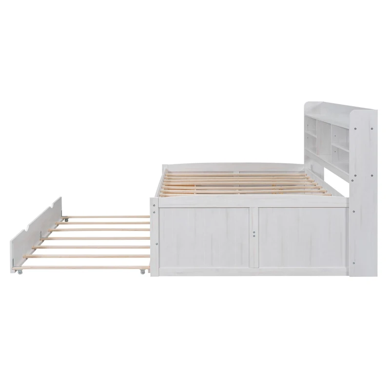 Classic Style Full Size Wooden Captain Bed with Built-in Bookshelves, 3 Storage Drawers, and Trundle, 79" L x 104.5" W x 47" H, White