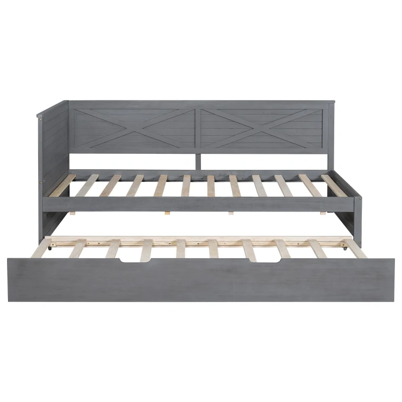 Vinsetto Twin Size Wood Daybed with Trundle, Rustic Guardrail, Solid Wood Construction, 77.5" L x 42" W x 33.5" H, Grey