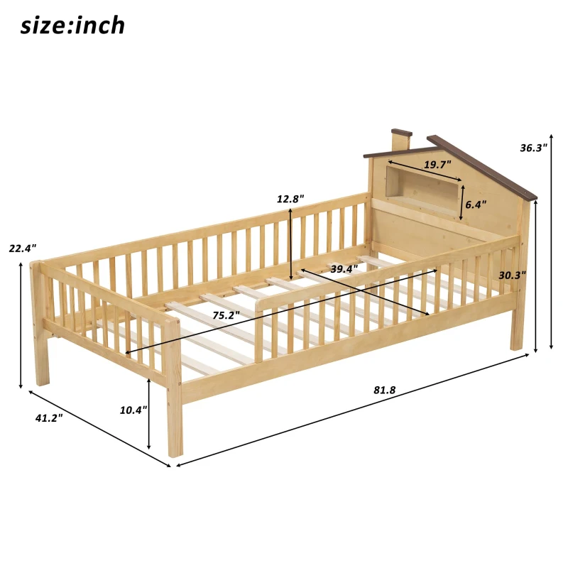 Twin Size Wood Platform Bed with House-Shaped Headboard, LED Light, Built-in Storage, 82" L x 41" W x 36" H, Natural