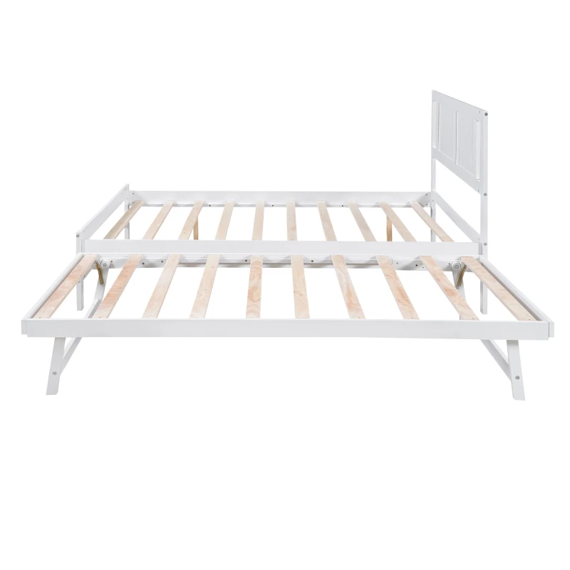 Full Size Platform Bed with Adjustable Trundle, Solid Pine Wood and MDF, 78" L x 97.5" W x 39.5" H, White