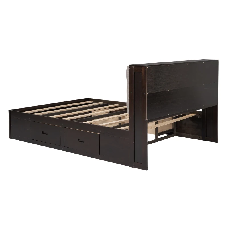 Wood Queen Size Platform Bed with Storage Headboard, Shoe Rack, and 4 Drawers, 90.5" L x 63" W x 43" H, Espresso
