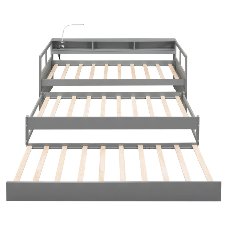 Twin XL Wood Daybed with 2 Trundles, 3 Storage Cubbies, Free Light and USB Charging, 82" L x 129.5" W x 35.5" H, Gray