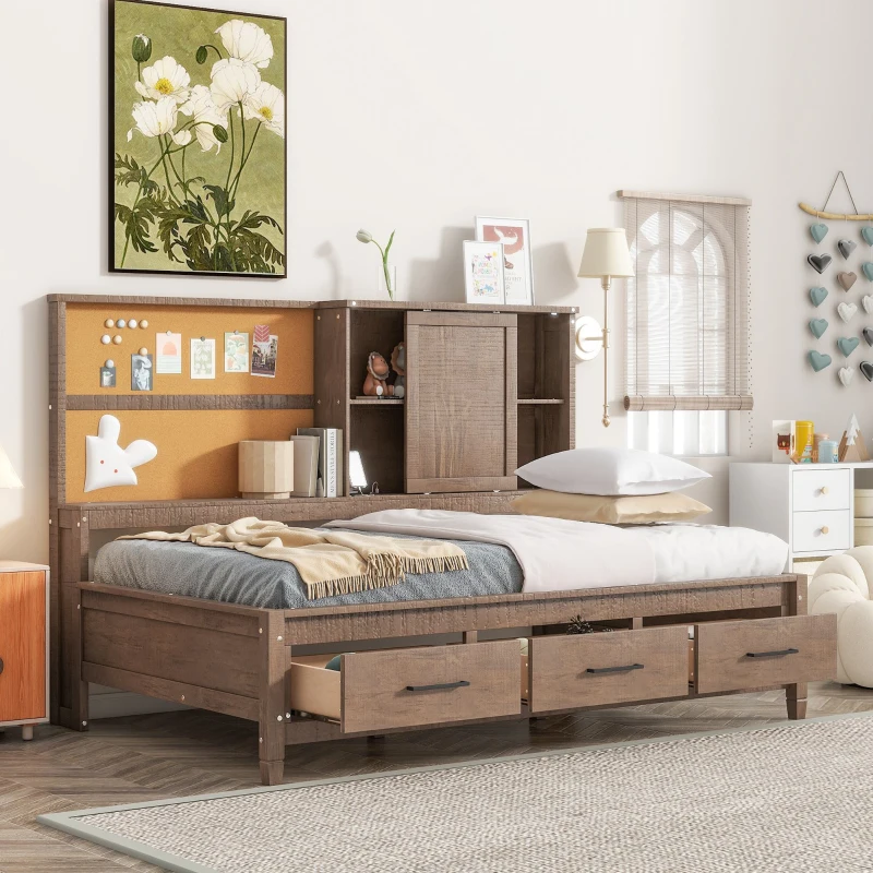 Twin Size Lounge Daybed with Storage Shelves, Cork Board, USB Ports, and 3 Drawers, Solid Wood and MDF, 78.5" L x 50" W x 51" H, Wood
