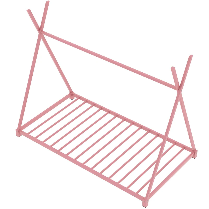 Metal Twin Size House Platform Bed with Triangle Structure, Sturdy Frame, and Safety Railings, 78" L x 41" W x 63" H, Pink