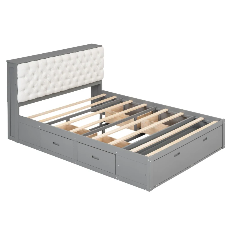 Wood Queen Size Platform Bed with Storage Headboard, Shoe Rack, and 4 Drawers, 90.5" L x 63" W x 43" H, Gray