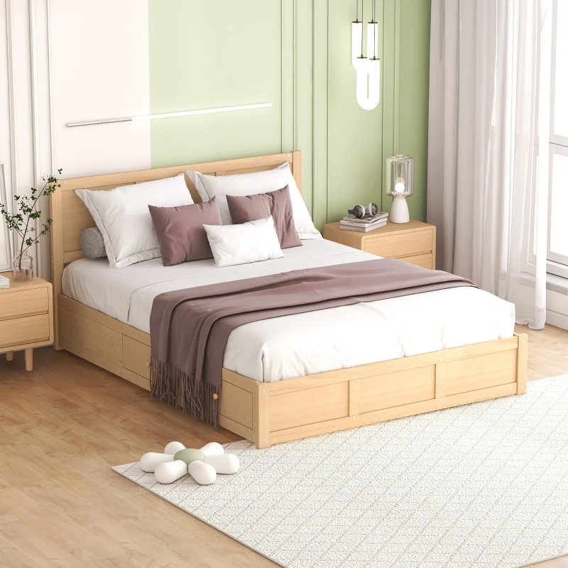 Queen Size Wood Platform Bed with Underneath Storage, 2 Drawers, and Sturdy Wood Frame, 82" L x 63.5" W x 37.5" H, Natural