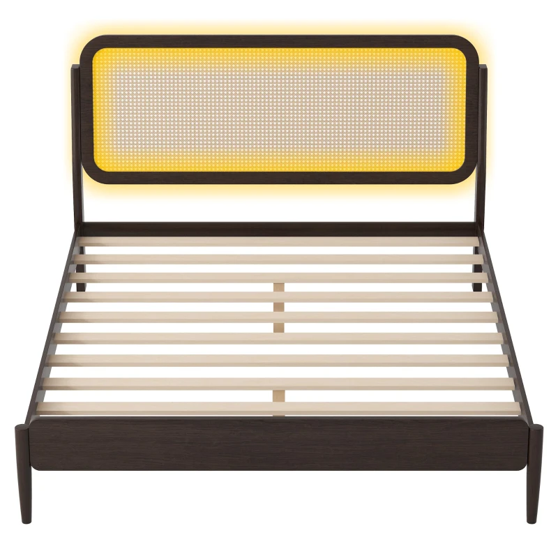 Vinsetto Queen Size Wood Storage Platform Bed with LED Light, Rattan Headboard, No Box Spring Needed, 84.5" L x 63" W x 39.5" H, Antique Espresso