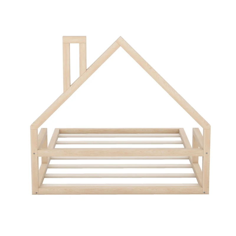 Full Size Wood Floor Bed with House-Shaped Headboard, Sturdy Pine Wood Construction, Easy Assembly, 78" L x 56.5" W x 46.5" H, Natural