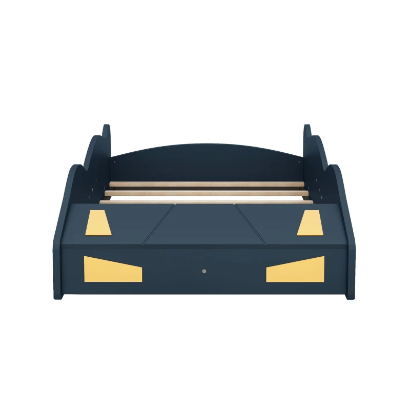 Twin Size Race Car-Shaped Platform Bed with Wheels and Storage, Solid Wood and MDF, 90.5" L x 40" W x 15.5" H, Dark Blue