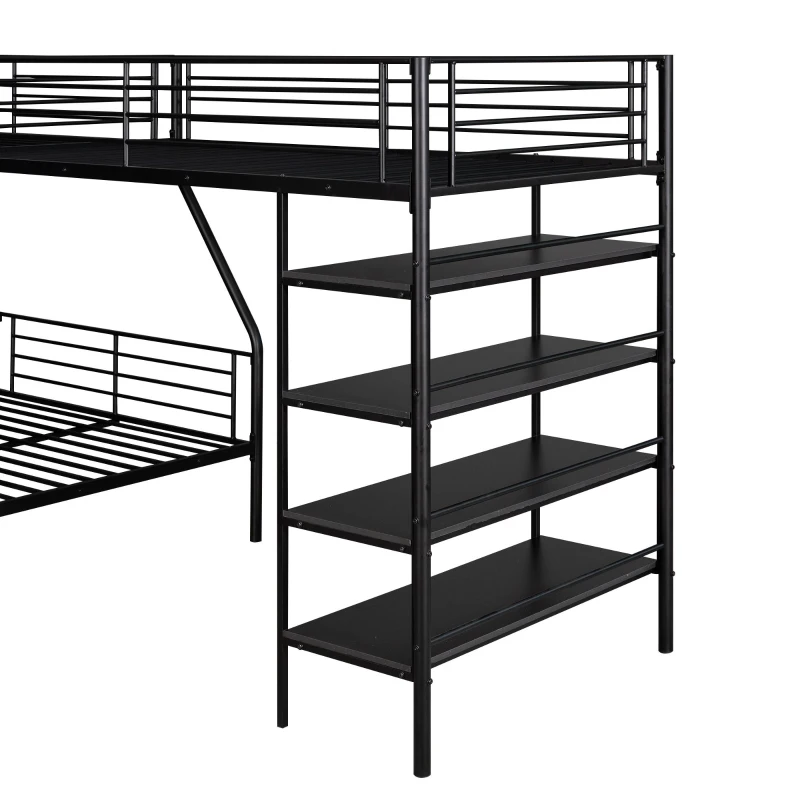 L-Shaped Twin over Full Bunk Bed and Twin Loft Bed with Built-in Shelves, Full-Length Guardrails, and Ladder, 117" L x 77.5" W x 63" H, Black