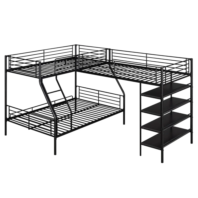 L-Shaped Twin over Full Bunk Bed and Twin Loft Bed with Built-in Shelves, Full-Length Guardrails, and Ladder, 117" L x 77.5" W x 63" H, Black