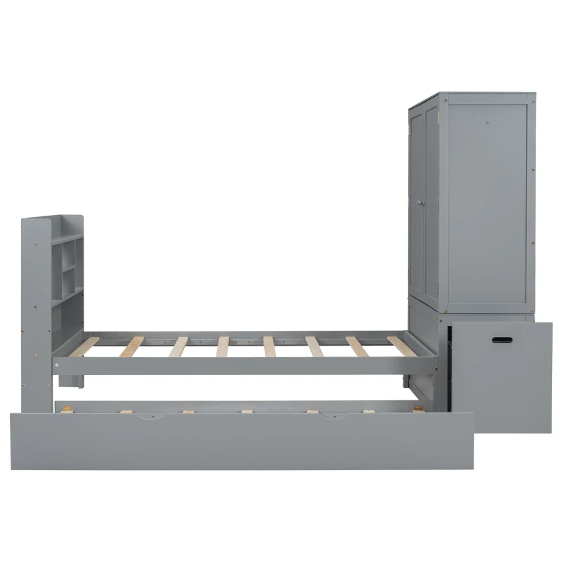 Twin Size Platform Bed with Storage Headboard, Footboard, Pull Out Shelves, and Twin Size Trundle, 101" L x 41.5" W x 65.5" H, Gray