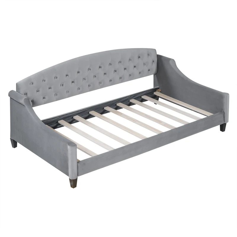 Modern Luxury Tufted Button Twin Size Upholstered Daybed Frame with Foam Padding, Wood Supports, 80.5" L x 45.5" W x 34" H, Gray