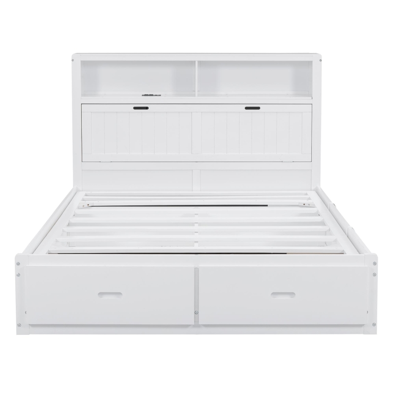 Wood Queen Size Hydraulic Platform Bed with Storage LED Headboard, Charging Station, and 2 Drawers, 90.5" L x 63" W x 47" H, White