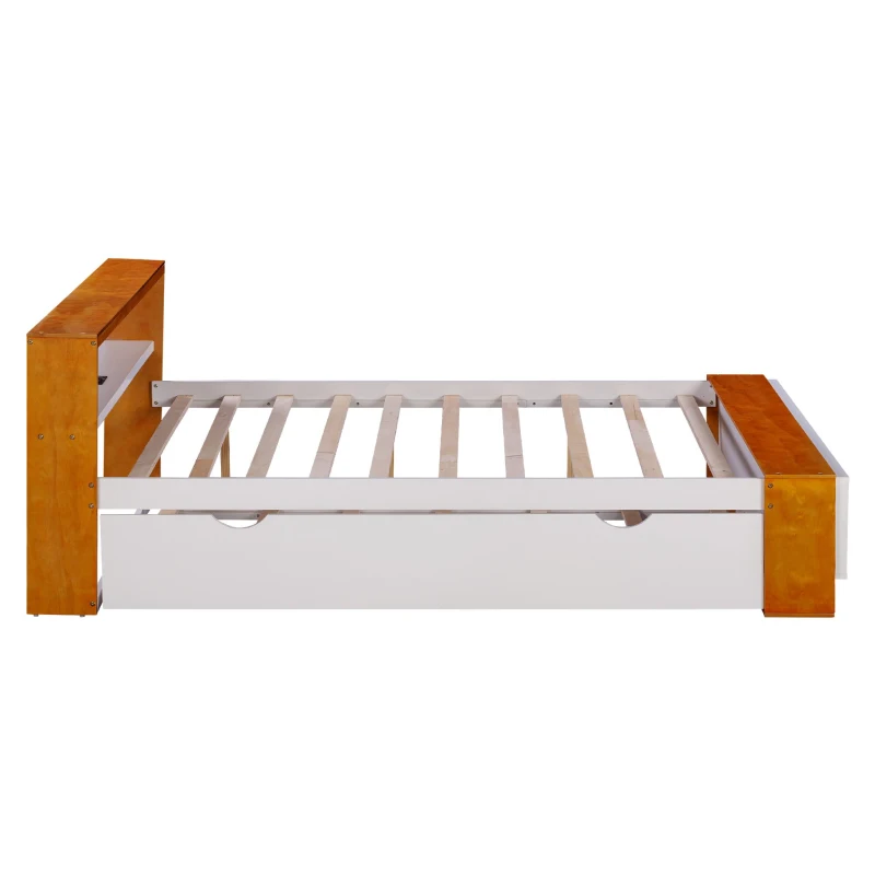 Vinsetto Full Size Platform Bed with Trundle, Storage Headboard and Footboard, USB Charging Design, 92.5" L x 97.5" W x 32.5" H, White+Natural