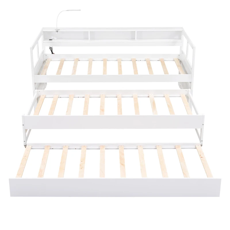 Twin XL Wood Daybed with 2 Trundles, 3 Storage Cubbies, USB Charging Design, and Free Light, 82" L x 129.5" W x 35.5" H, White