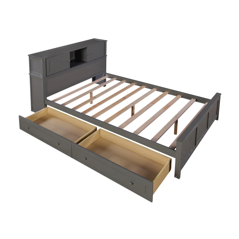 Vinsetto Full Size Platform Bed with Storage Headboard, Sliding Door, 2 Drawers, Solid Wood and MDF, 89" L x 58" W x 42" H, Gray
