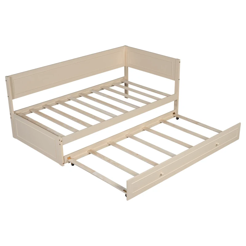 Vinsetto Vintage Style Twin Size Wood Daybed with Trundle and Guardrail, Solid Wood Construction, 77" L x 40.5" W x 31.5" H, Beige