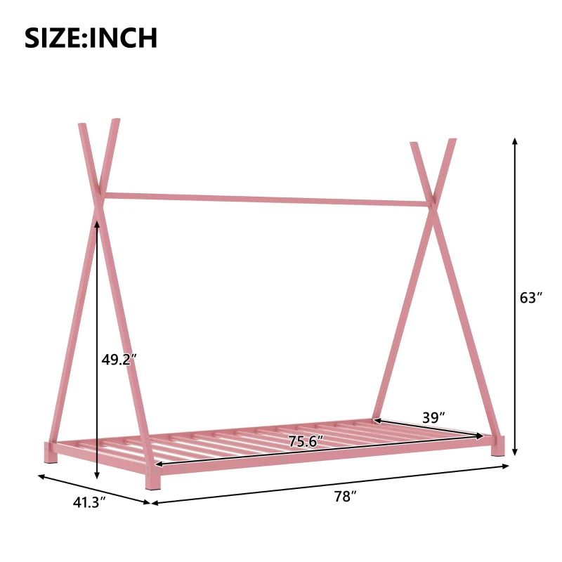 Metal Twin Size House Platform Bed with Triangle Structure, Sturdy Frame, and Safety Railings, 78" L x 41" W x 63" H, Pink