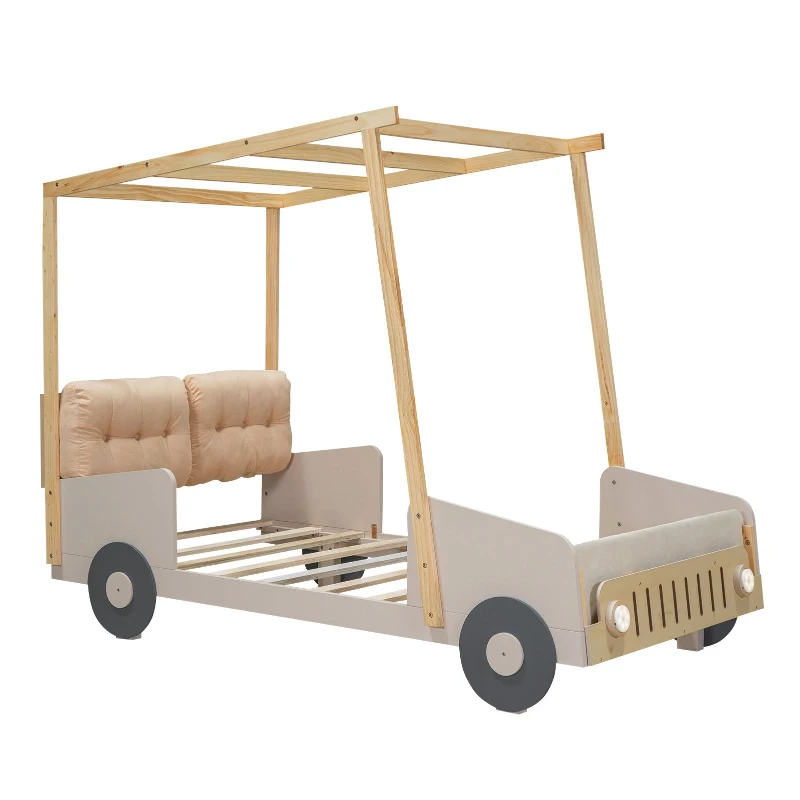 Wood Twin Size Car Bed with Pillow, Ceiling Cloth, LED Lights, and Magazine Holder, 79" L x 42.5" W x 62" H, Natural