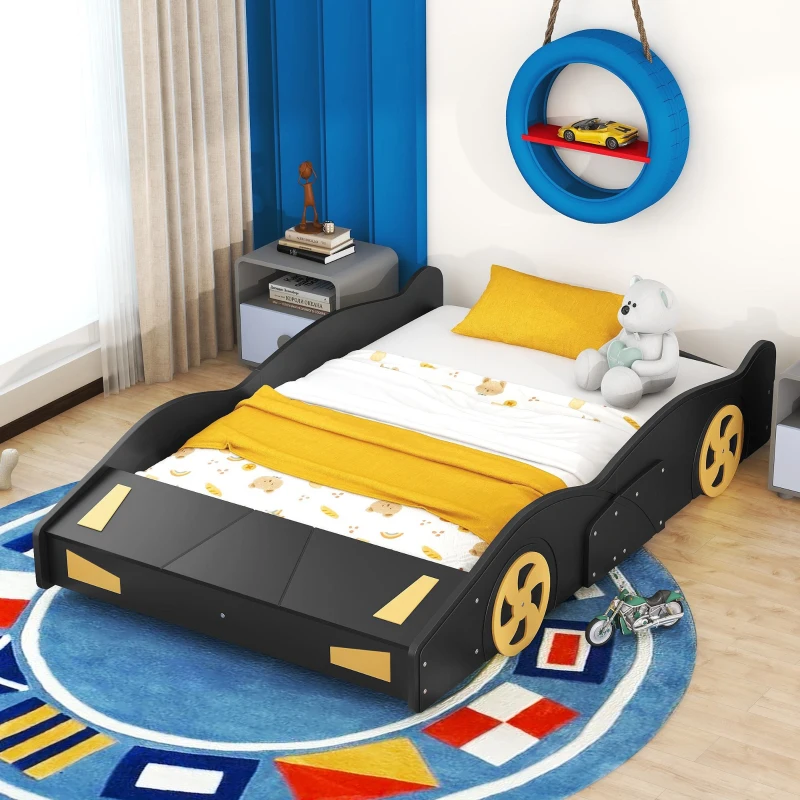 Full Size Race Car-Shaped Platform Bed with Wheels and Storage, Solid Wood and MDF, 90.5" L x 55" W x 15.5" H, Black
