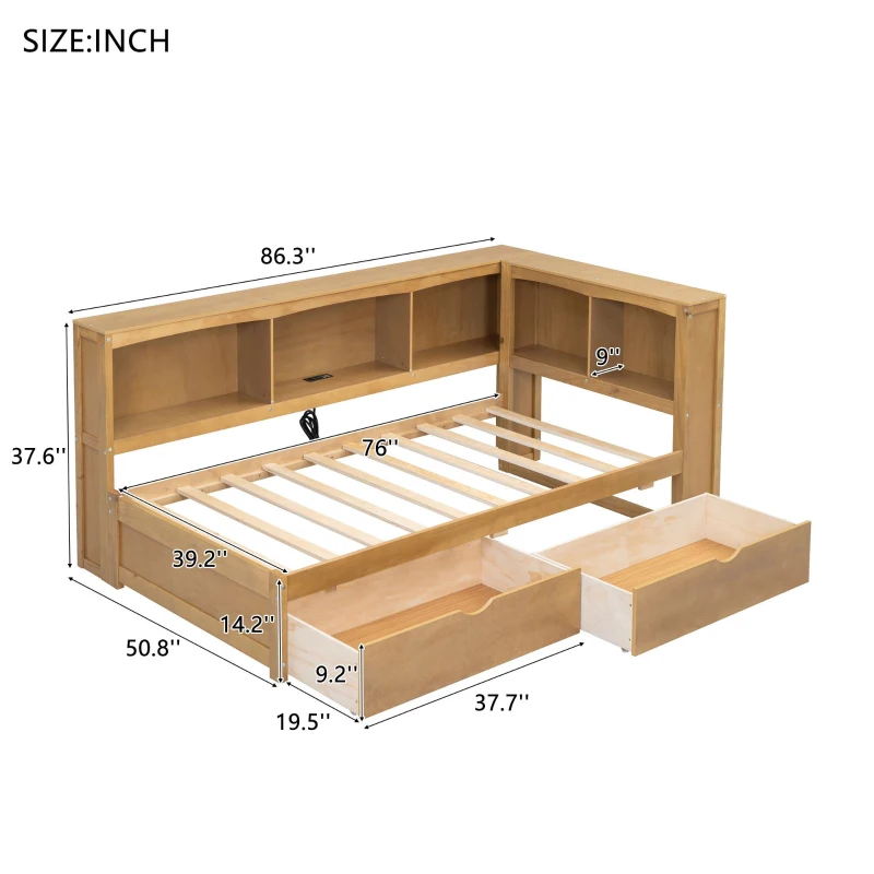 Twin Size Daybed with 2 Storage Drawers, Storage Cabinets, USB Ports, Solid Wood and MDF, 86" L x 51" W x 37.5" H, Wood
