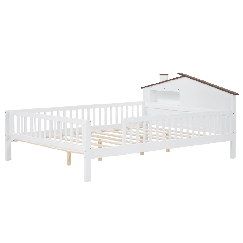 Full Size Wood Platform Bed with House-Shaped Headboard, LED Light, Built-in Storage, 82" L x 56" W x 36" H, White