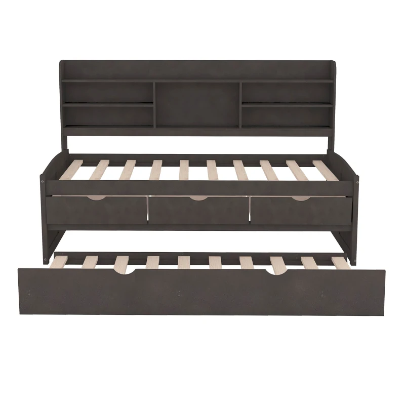 Classic Style Twin Size Wooden Captain Bed with Built-in Bookshelves, 3 Storage Drawers, and Trundle, 77.5" L x 88" W x 47" H, Antique Gray