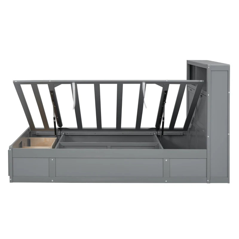 Wood Queen Size Hydraulic Platform Bed with Storage LED Headboard, Charging Station, and 2 Drawers, 90.5" L x 63" W x 47" H, Gray