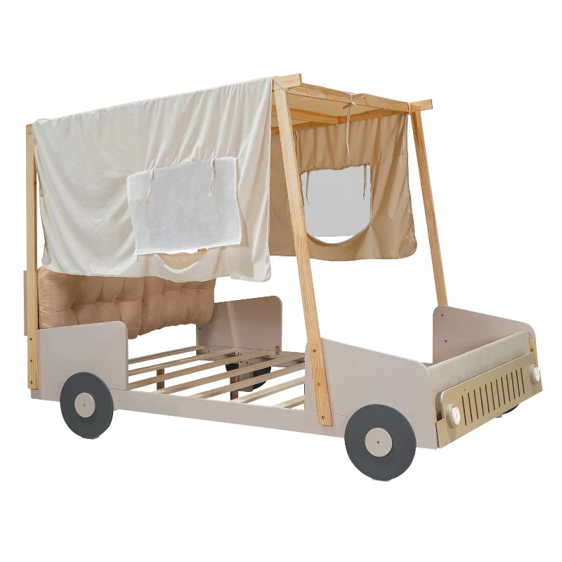 Wood Full Size Car Bed with Pillow, Ceiling Cloth, LED Lights, and Magazine Holder, 79" L x 57.5" W x 62" H, Natural