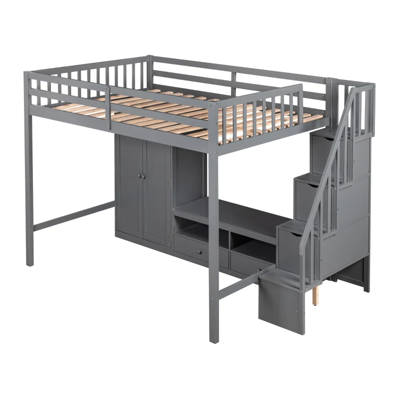 Full Size Loft Bed Frame with Wardrobe, Low Storage Table, Storage Staircase, Solid Wood and MDF, 93.5" L x 56.5" W x 65.5" H, Gray