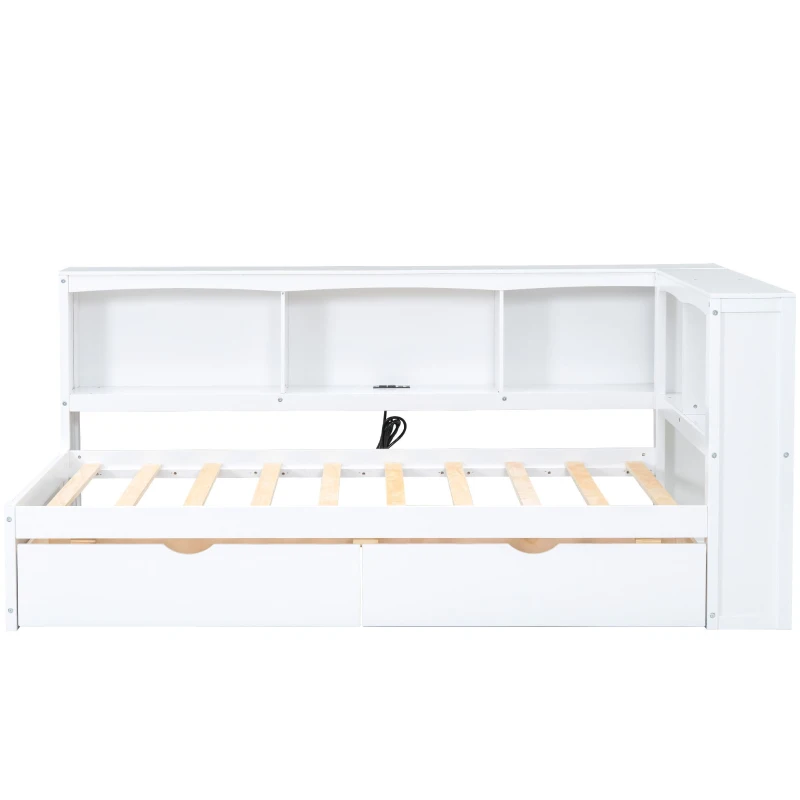 Vinsetto Twin Size Daybed with 2 Storage Drawers, Storage Cabinets, USB Ports, Solid Wood and MDF, 86" L x 51" W x 37.5" H, White