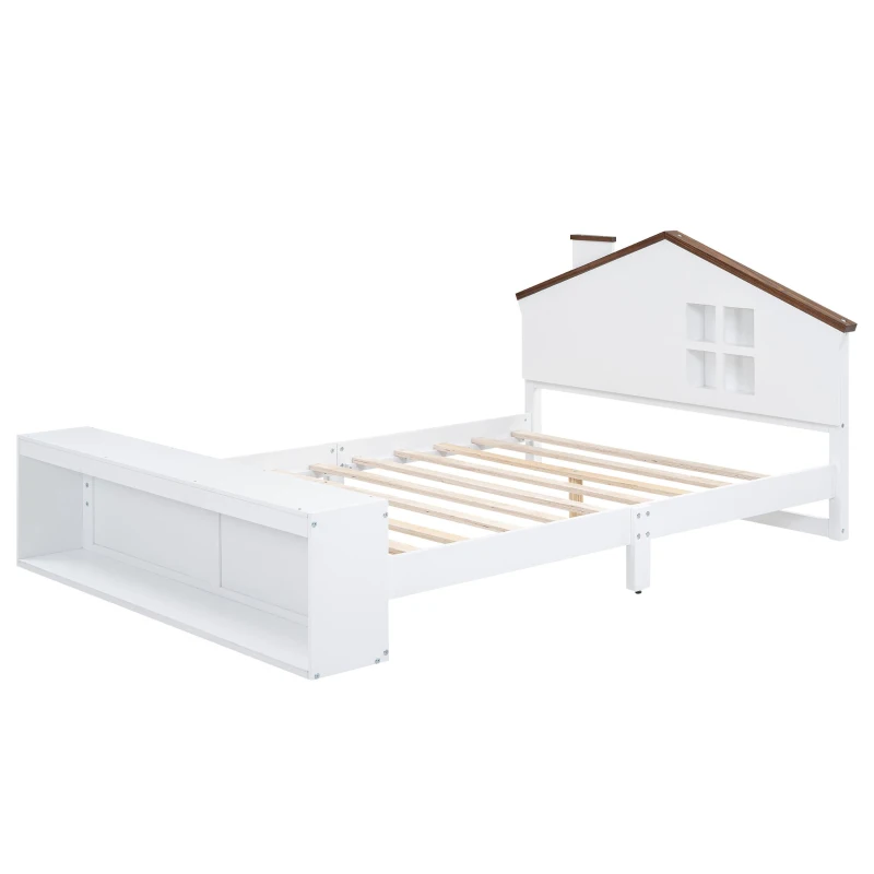 Full Size House Platform Bed with LED Lights, Multi-Storage, and Sturdy Pine Wood Construction, 87.5" L x 58.5" W x 39.5" H, White