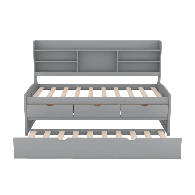 Classic Style Twin Size Wooden Captain Bed with Built-in Bookshelves, 3 Storage Drawers, and Trundle, 77.5" L x 88" W x 47" H, Gray