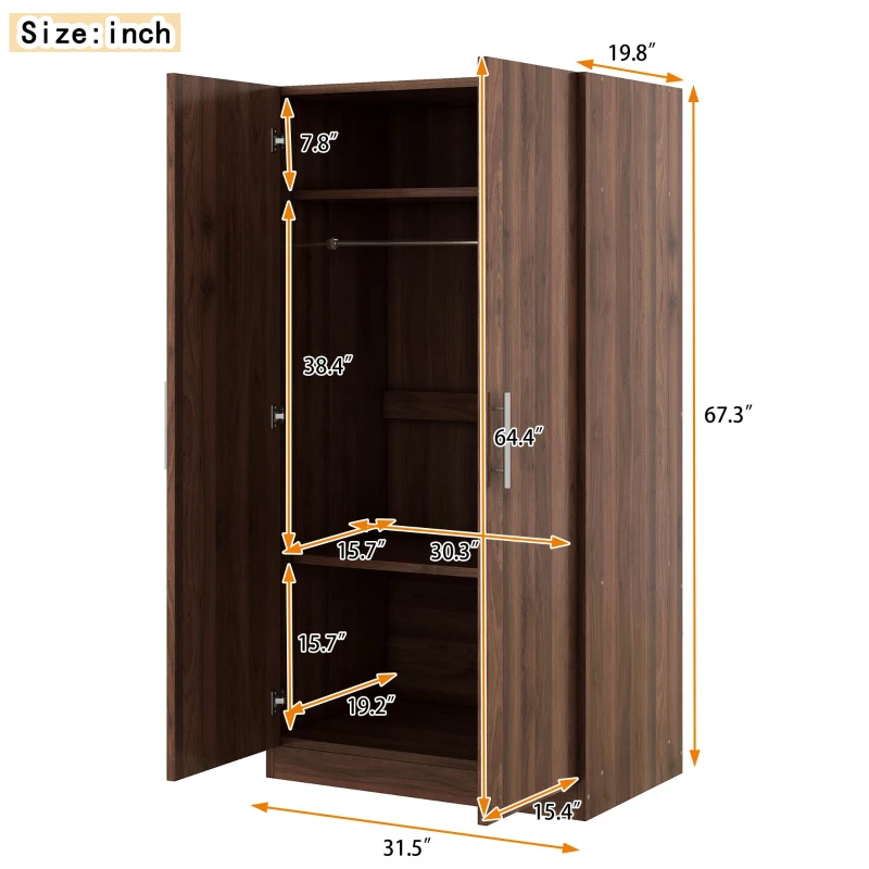 2-Door Wooden Wardrobe Armoire with 3 Storage Shelves, Solid Wood and MDF, 31.5" L x 20" W x 67" H, Brown