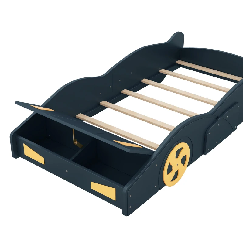 Twin Size Race Car-Shaped Platform Bed with Wheels and Storage, Solid Wood and MDF, 90.5" L x 40" W x 15.5" H, Dark Blue