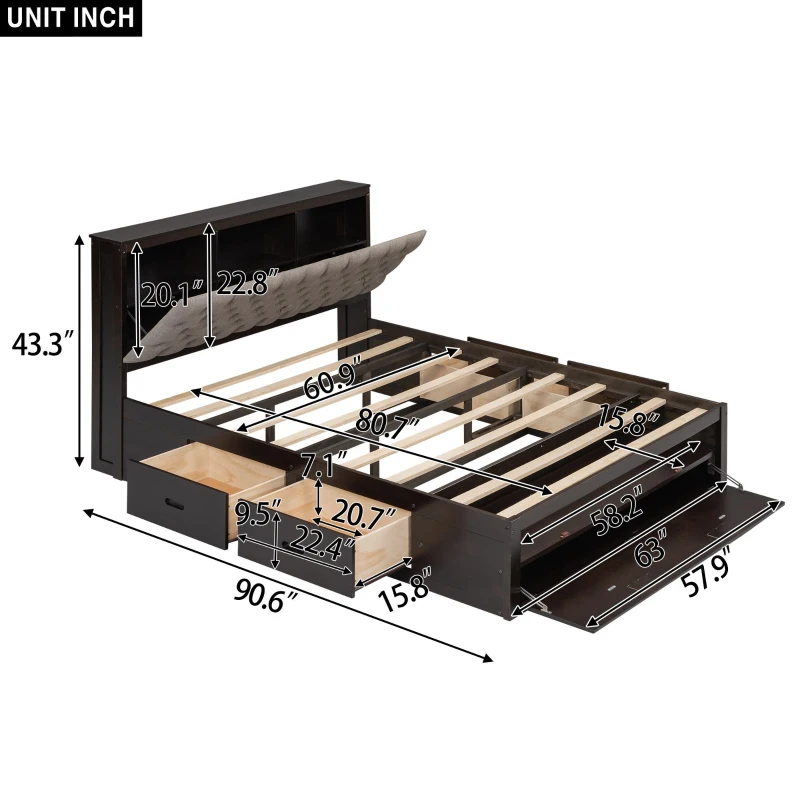 Wood Queen Size Platform Bed with Storage Headboard, Shoe Rack, and 4 Drawers, 90.5" L x 63" W x 43" H, Espresso