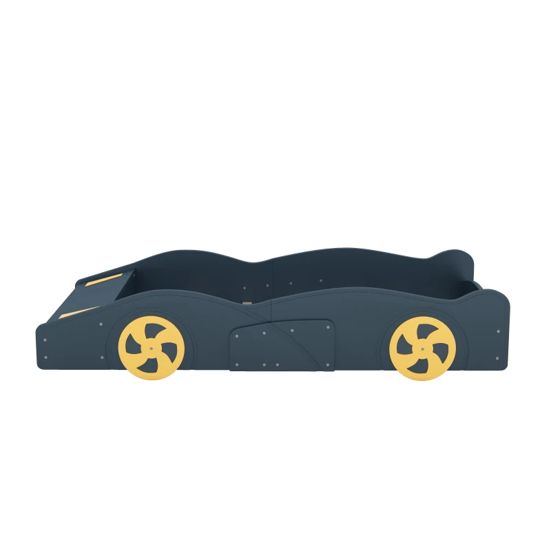 Twin Size Race Car-Shaped Platform Bed with Wheels and Storage, Solid Wood and MDF, 90.5" L x 40" W x 15.5" H, Dark Blue