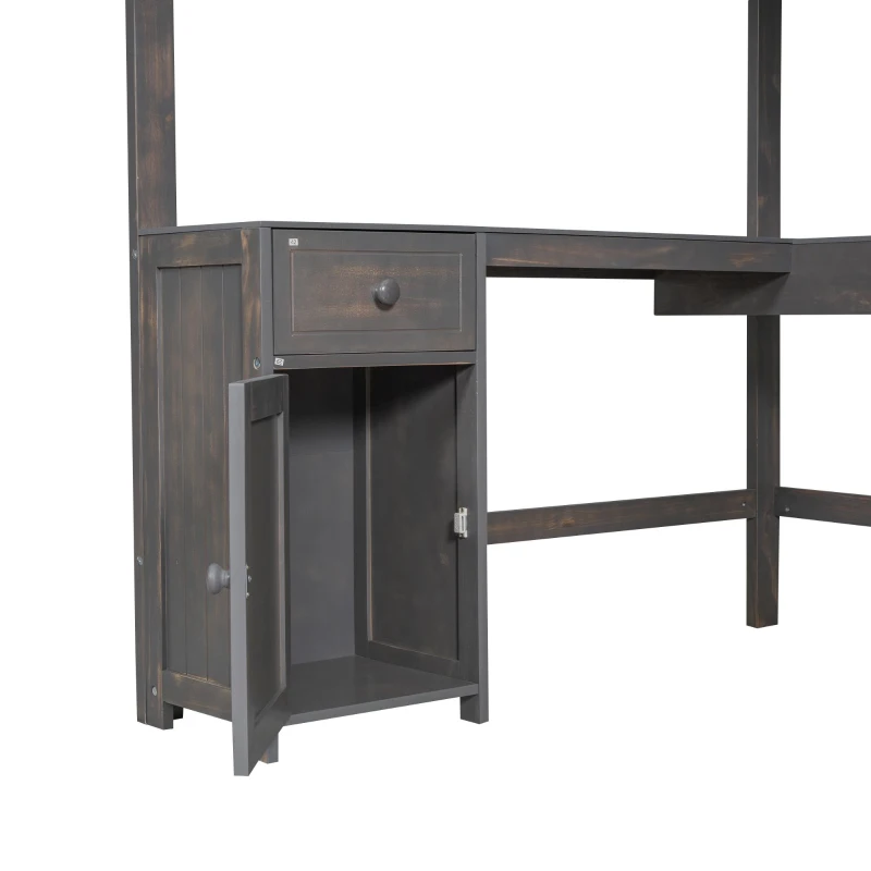 Full Size Loft Bed with U-shaped Desk, Drawers, Storage Shelves, and Sturdy Wood Frame, 77.5" L x 70" W x 75.5" H, Antique Brown