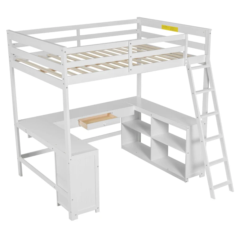 Full Size Loft Bed with U-shaped Desk, Drawers, Storage Shelves, and Sturdy Wood Frame, 77.5" L x 70" W x 75.5" H, White