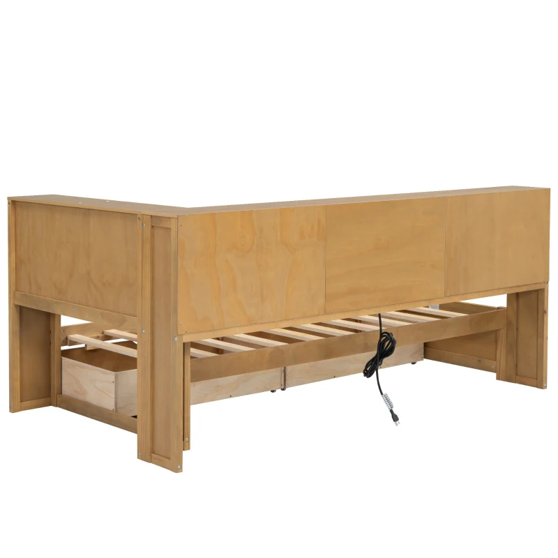 Twin Size Daybed with 2 Storage Drawers, Storage Cabinets, USB Ports, Solid Wood and MDF, 86" L x 51" W x 37.5" H, Wood