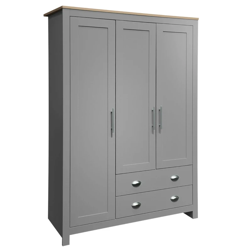 3 Door Storage Wardrobe with Cabinets, 2 Hanging Rods, and Drawers, 47" L x 20" W x 68" H, Gray