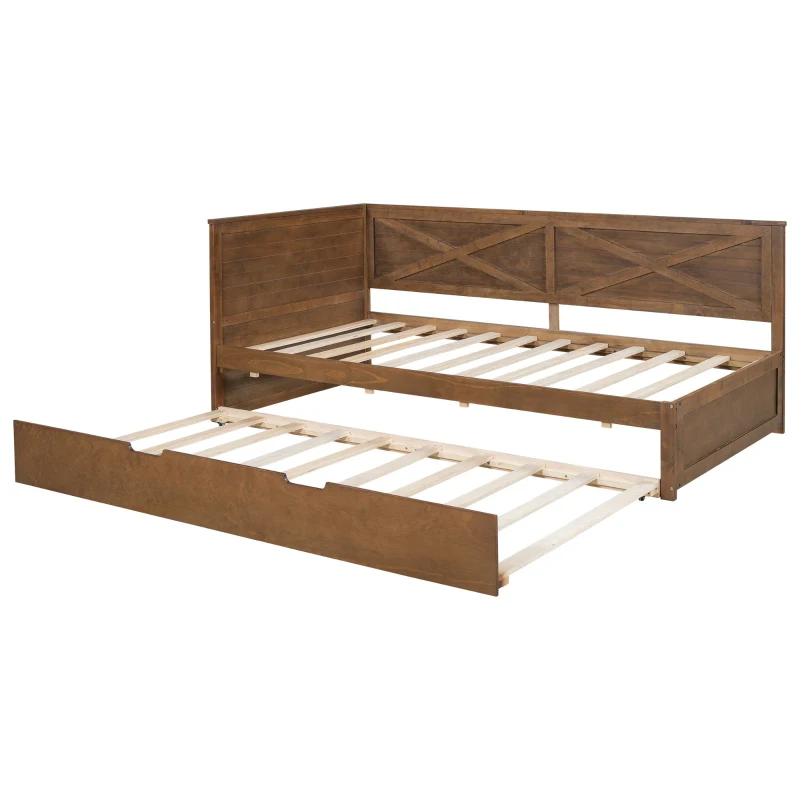 Vinsetto Twin Size Wood Daybed with Trundle, Rustic Guardrail, Solid Wood Construction, 77.5" L x 42" W x 33.5" H, Brown