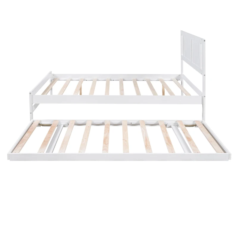 Full Size Platform Bed with Adjustable Trundle, Solid Pine Wood and MDF, 78" L x 97.5" W x 39.5" H, White