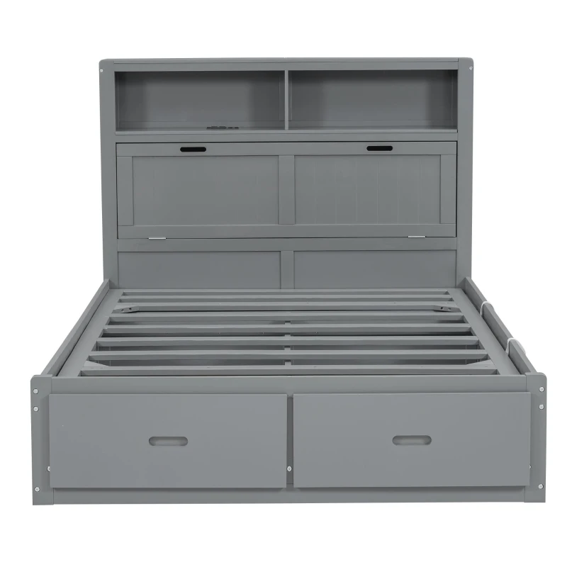 Wood Full Size Hydraulic Platform Bed with Storage LED Headboard, Charging Station, and 2 Drawers, 86" L x 56.5" W x 47" H, Gray