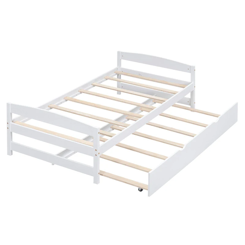 Twin Size Platform Bed with Twin Size Trundle, Headboard and Footboard, Sturdy Pine Wood Construction, 77.5" L x 40.5" W x 22" H, White