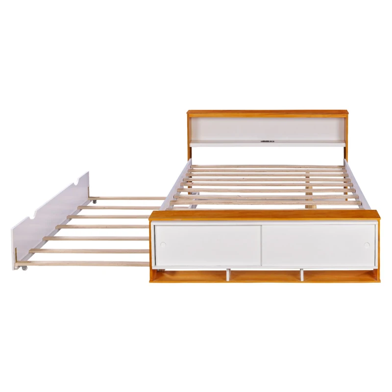 Vinsetto Full Size Platform Bed with Trundle, Storage Headboard and Footboard, USB Charging Design, 92.5" L x 97.5" W x 32.5" H, White+Natural