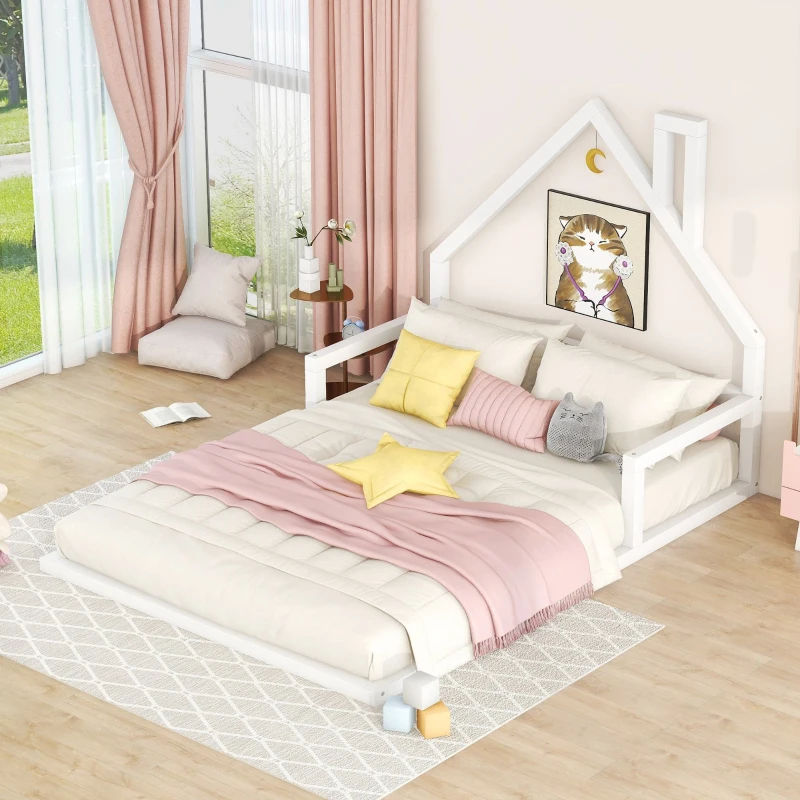 Full Size Wood Floor Bed with House-Shaped Headboard, Sturdy Pine Wood Construction, Easy Assembly, 78" L x 56.5" W x 46.5" H, White